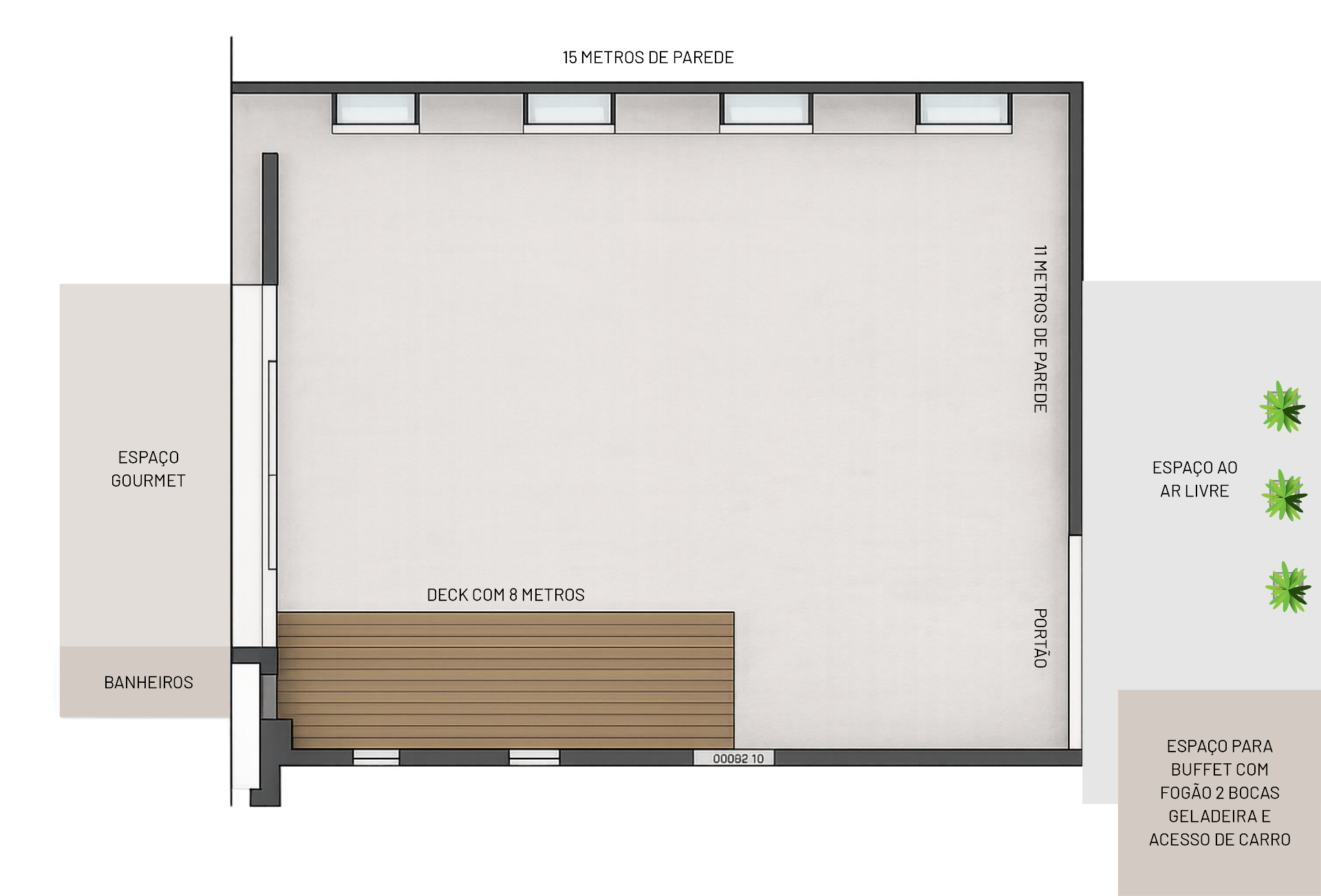 Planta baixa do Espaço Multi com medidas: 15m × 11m de parede, espaço gourmet, banheiros, deck de 8m, portão e área de buffet